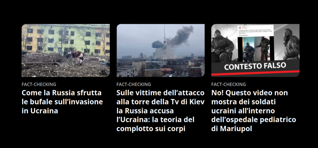  FACT-CHECKING Come la Russia sfrutta le bufale sull’invasione in Ucraina 11 Marzo 2022 - 19:08 Ludovica Di Ridolfi e David Puente FACT-CHECKING Sulle vittime dell’attacco alla torre della Tv di Kiev la Russia accusa l’Ucraina: la teoria del complotto sui corpi 11 Marzo 2022 - 18:13 David Puente FACT-CHECKING No! Questo video non mostra dei soldati ucraini all’interno dell’ospedale pediatrico di Mariupol